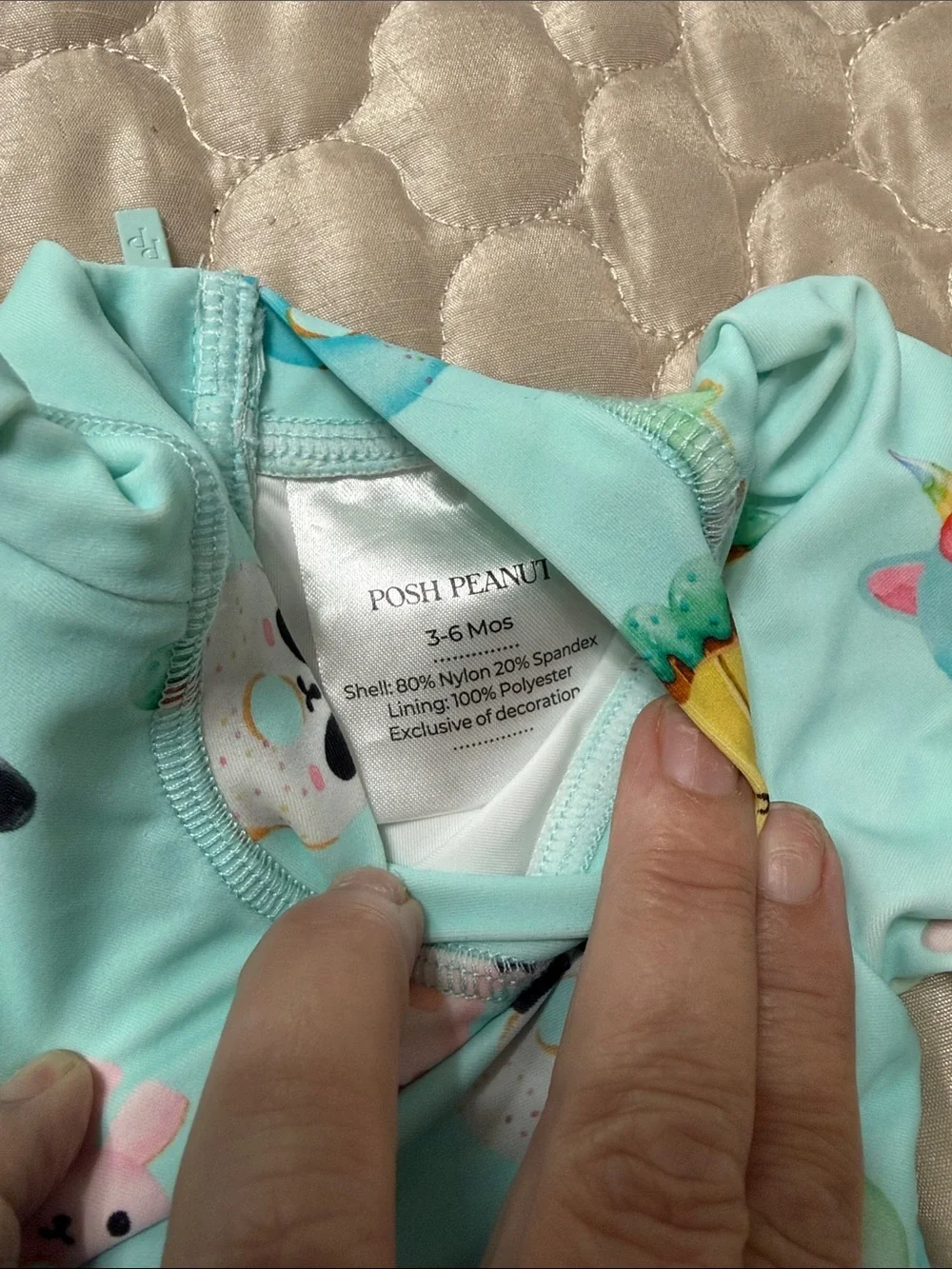 Posh Peanut Aqua Long-Sleeve One-Piece Swim Dress with Animal & Donut Print